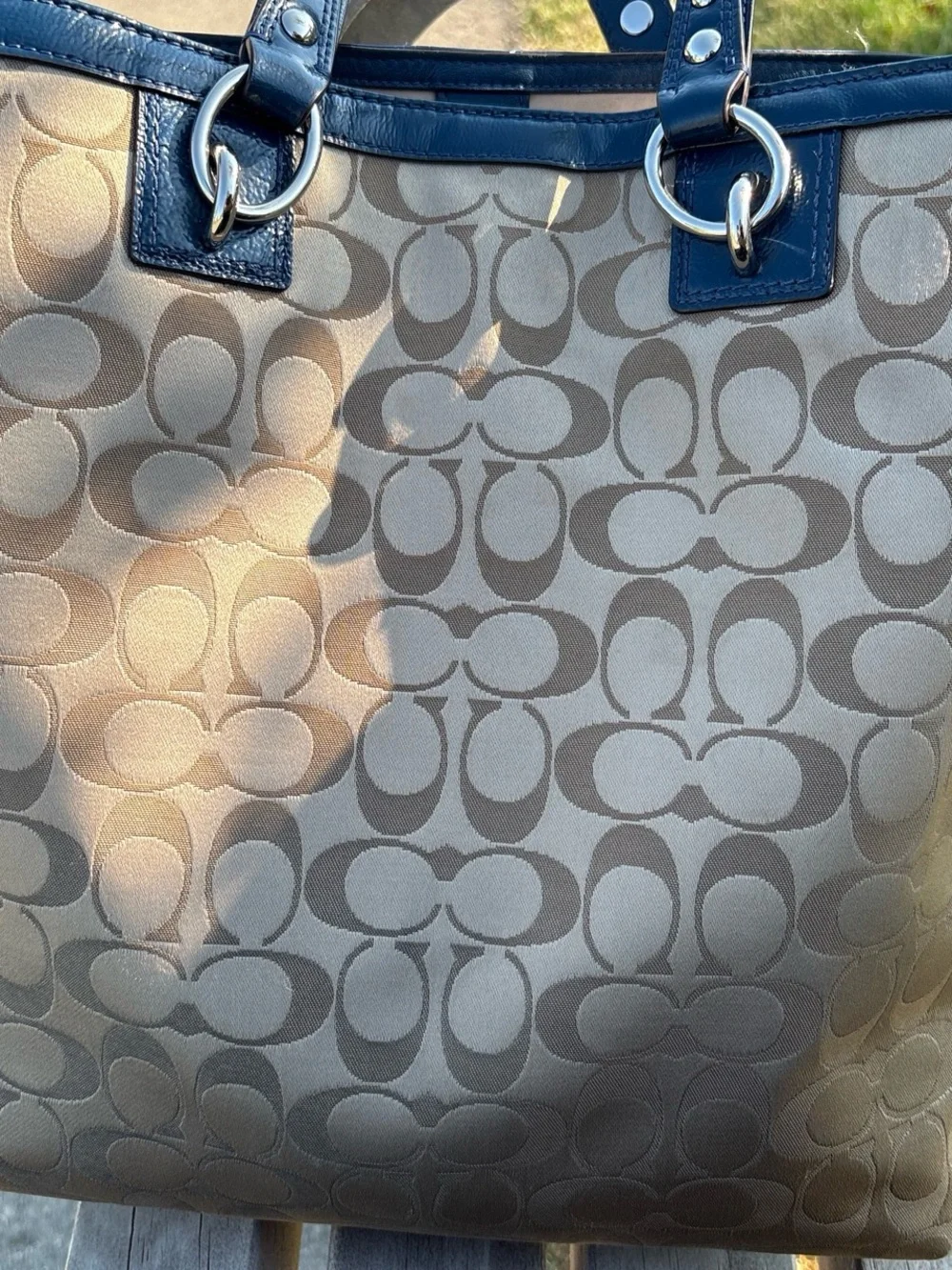 Coach Beige Signature Canvas Shoulder Bag with Navy Trim